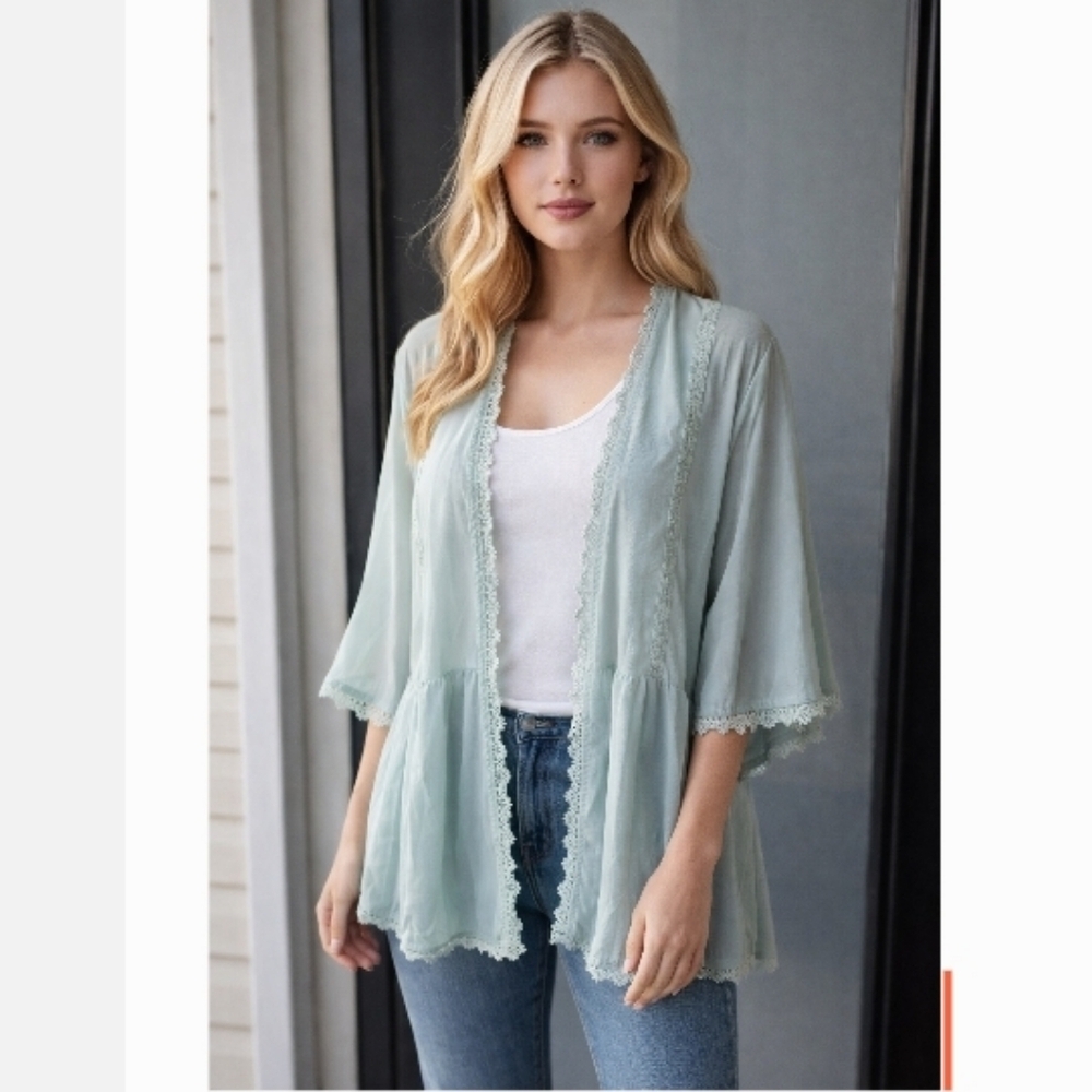 ELESOL Open Front flowy Kimono-Style Top Size XL  Lace Trim Mint / Seafoam Green
